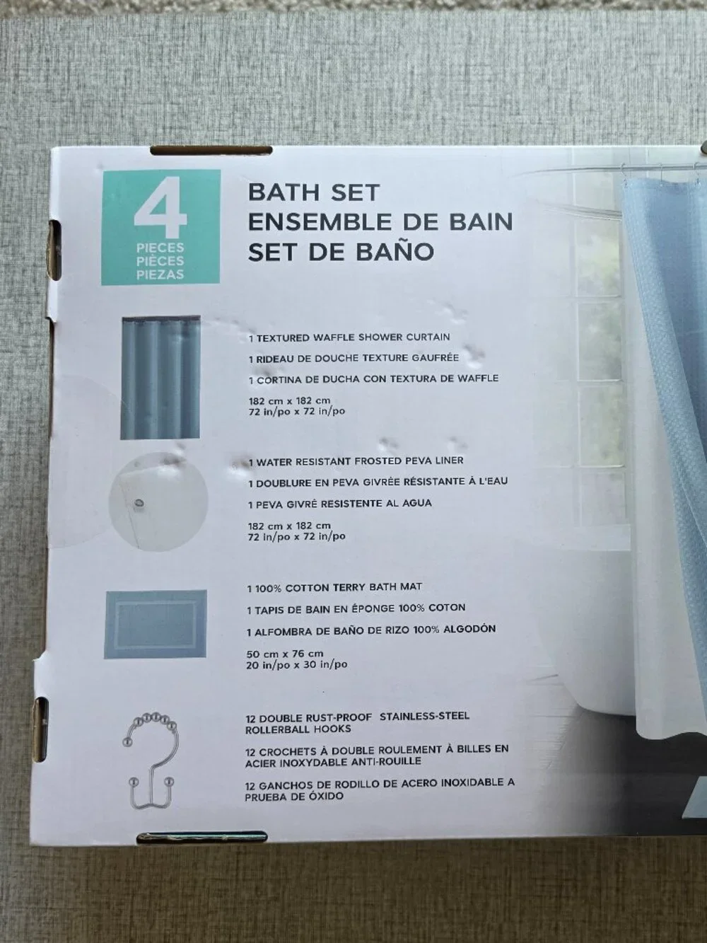 4 Pieces Bath Set Shower Curtain, PEVA Liner, Bath Mat & 12 Hooks New